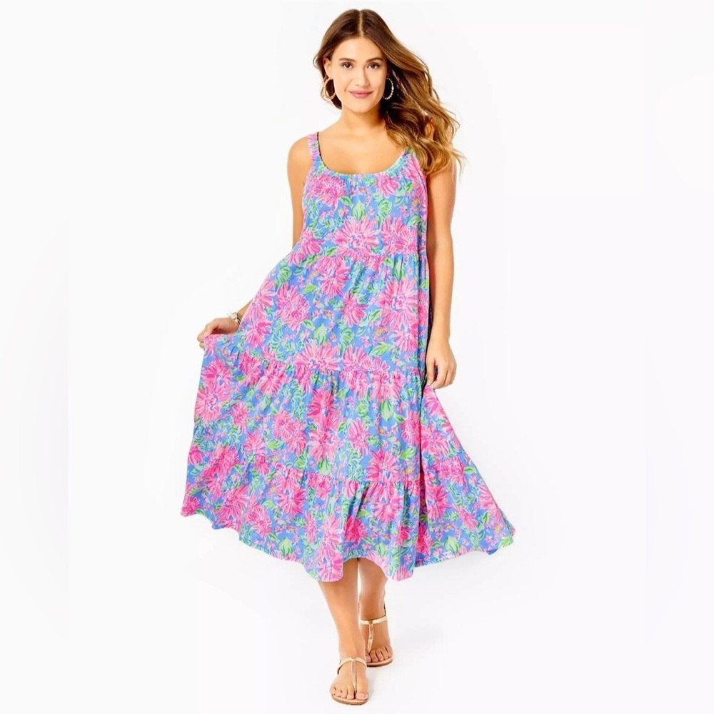 Lilly Pulitzer XXS Floral Cotton Midi Dress Pockets Summer Resort Palm Beach - Picture 1 of 11